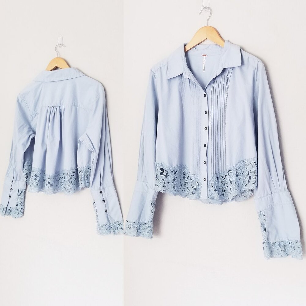 Free People Crochet Lace Trim Hooked On You Top Button Front Shirt Blue M $128 - Picture 13 of 16